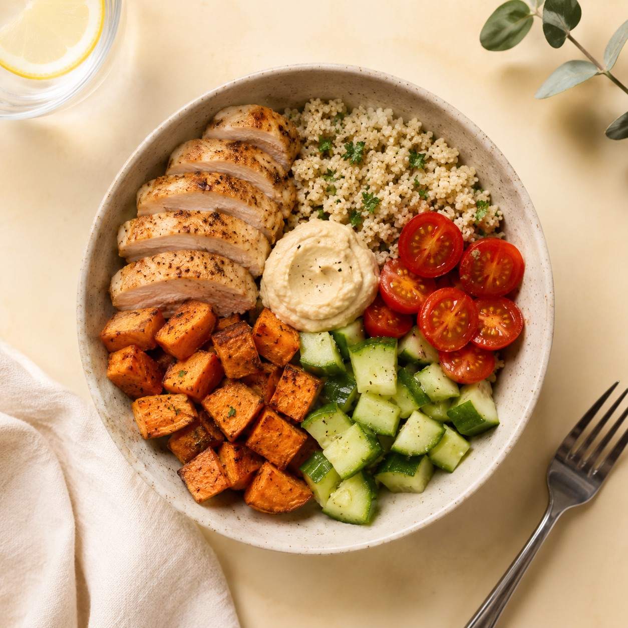 Balanced grain bowl with vegetables and protein