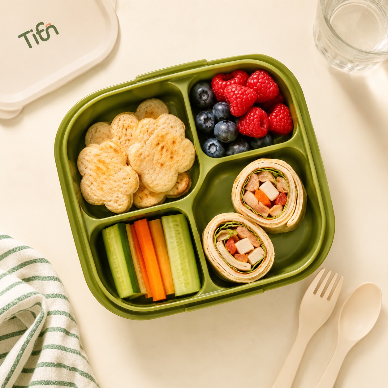 Kid-friendly compartment box with fruit and a wrap