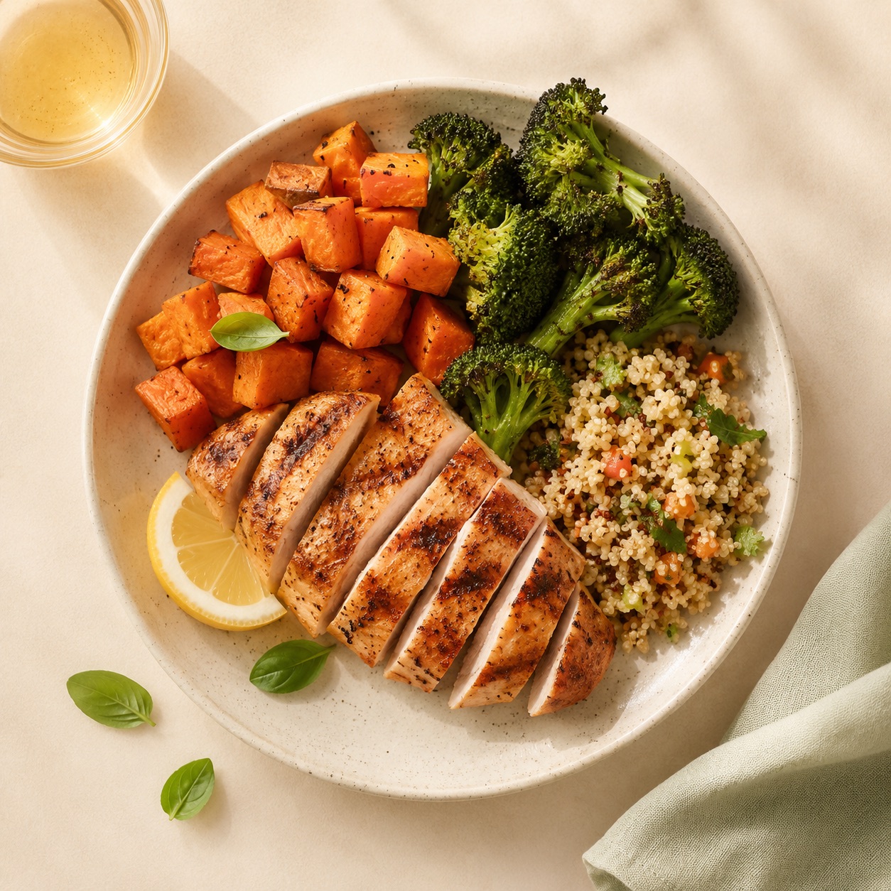 Grilled protein plate with roasted vegetables